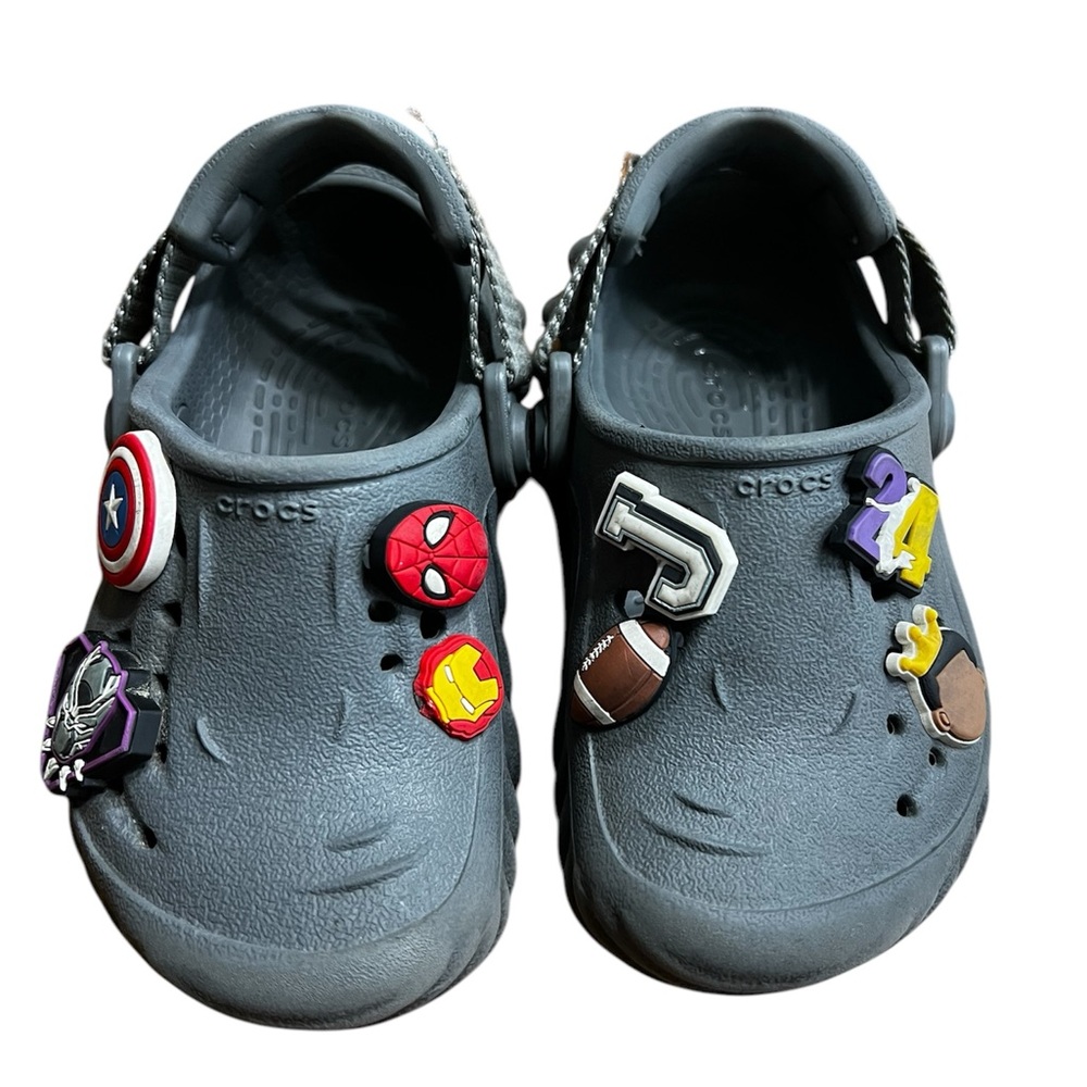 CROCS Gray Sandals with Fun Charms. Size 7